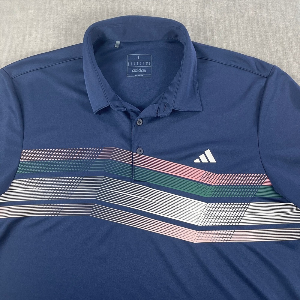 Adidas Mens Large Navy Blue Polo Shirt Geometric Chest Stripe Performance - Picture 2 of 8